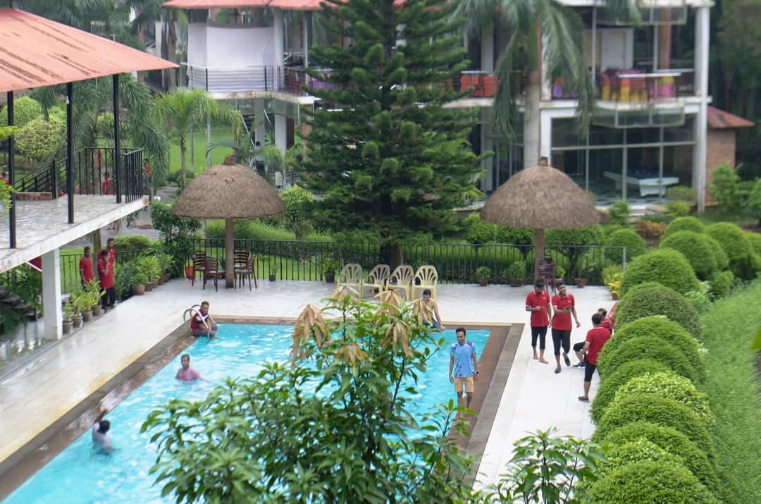 Landscaping of outdoor space in luxury style with terrace and water features